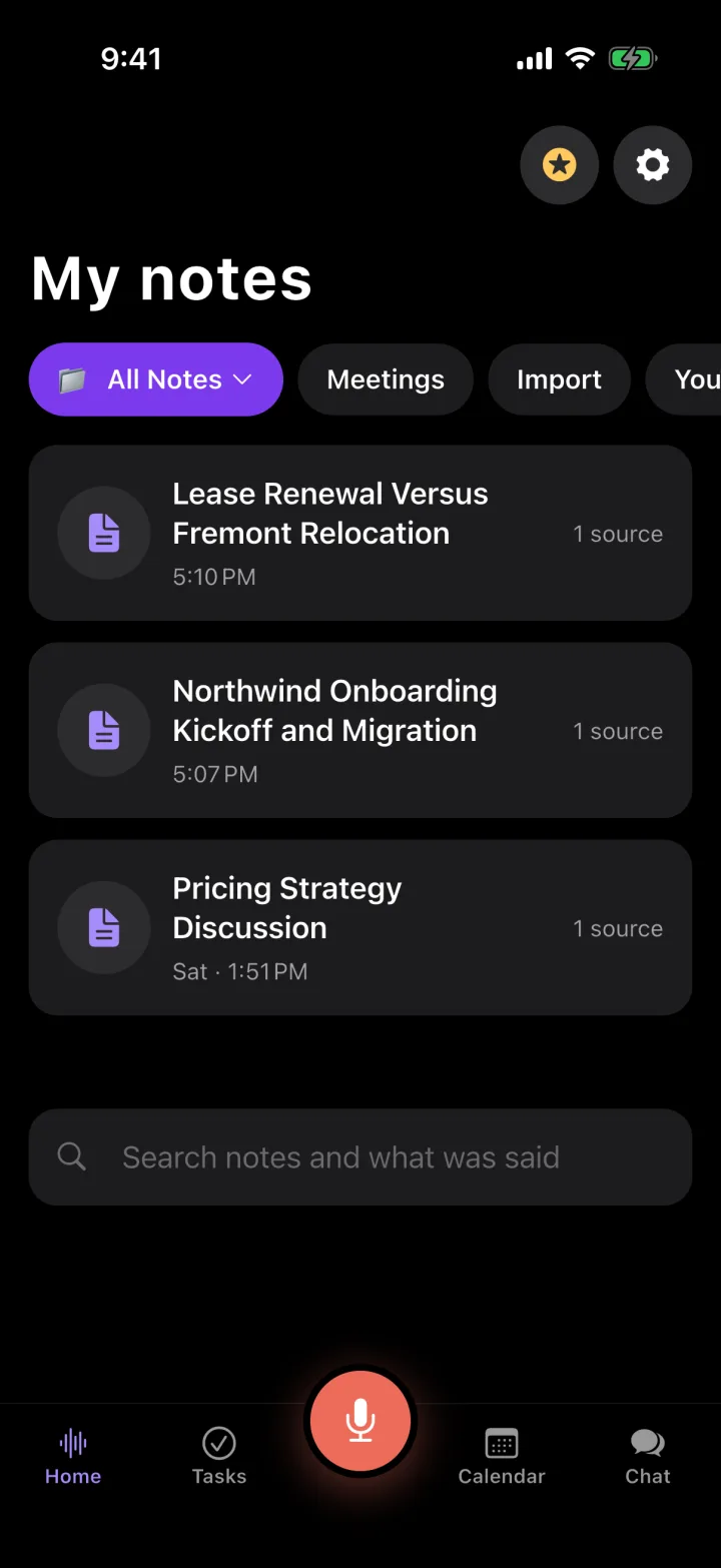 Roomtone home screen listing recorded notes