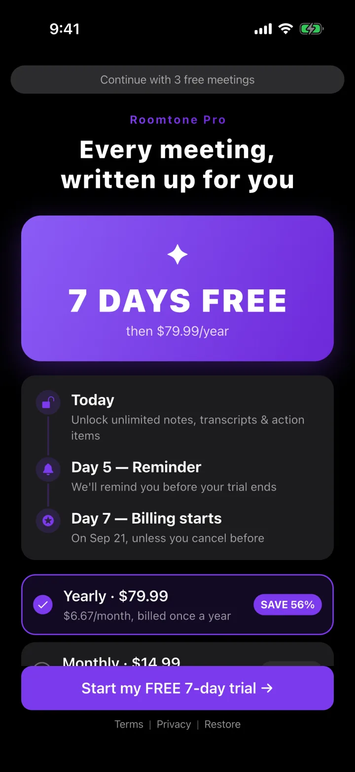 Roomtone Pro: seven days free, then a yearly subscription