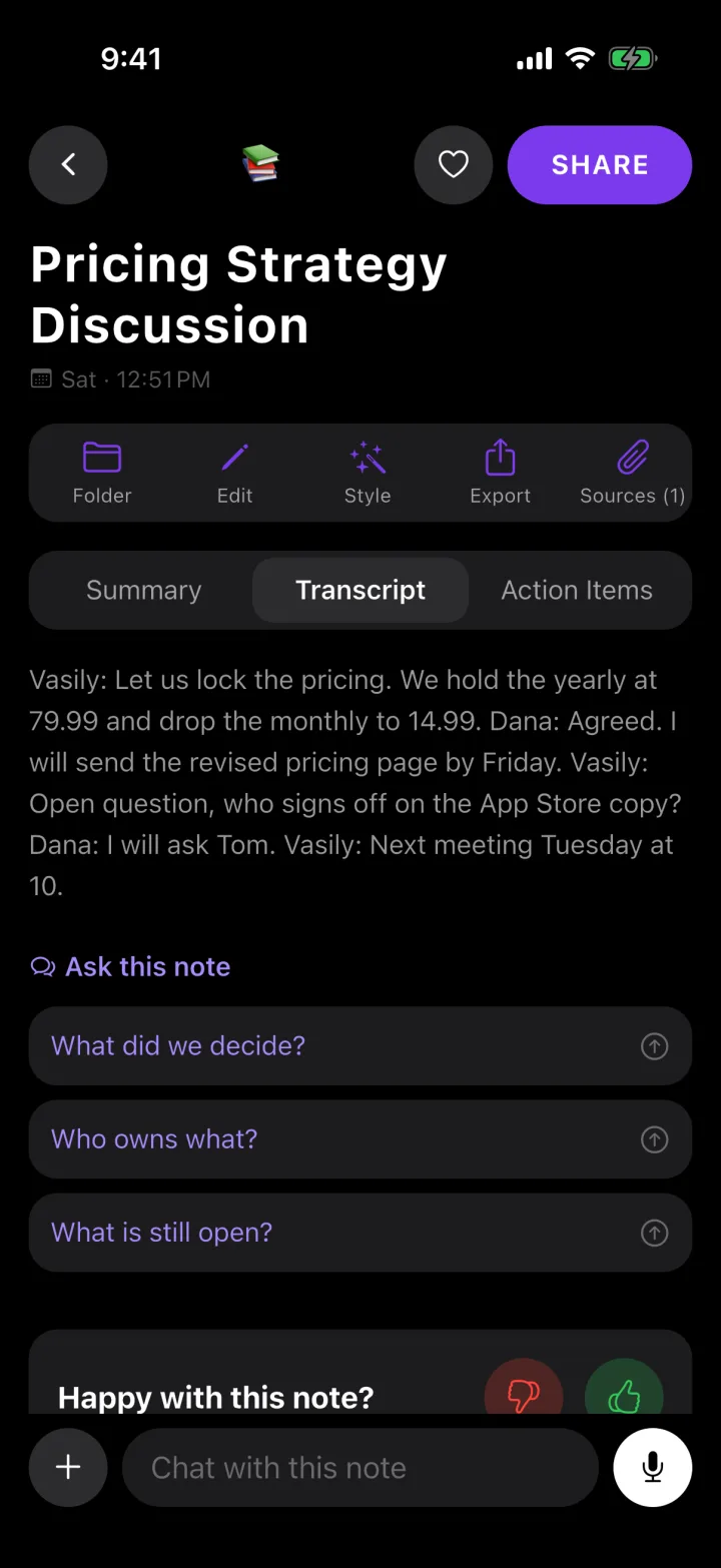 A Roomtone transcript with suggested questions